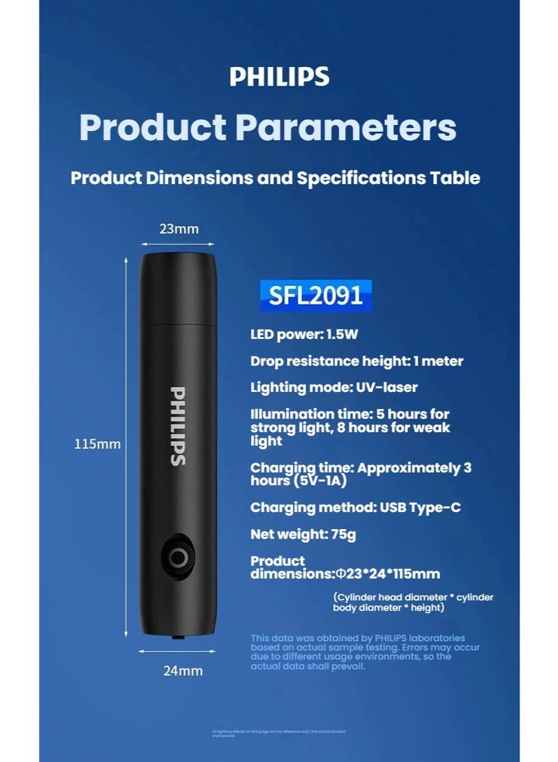 Philips فلاش لايت فليبس القابل لإعادة الشحن 395 نانومتر، ضوء أسود صغير لكشف بول الحيوانات الأليفة، الفطريات، داء الشعر عند القطط، صيد العقارب - ضوء LED UV محمول للاستخدام المنزلي والخارجي - Image 5