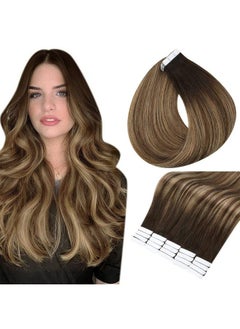 Full Shine Balayage Brown Tape In Hair Extensions 16 Inch Seamless Tape In Extensions Color 2 Darkest Brown Fading To 3 And 27 Honey Blonde Tape In Human Hair Extensions 20 Pcs 50 Grams  - Image 2