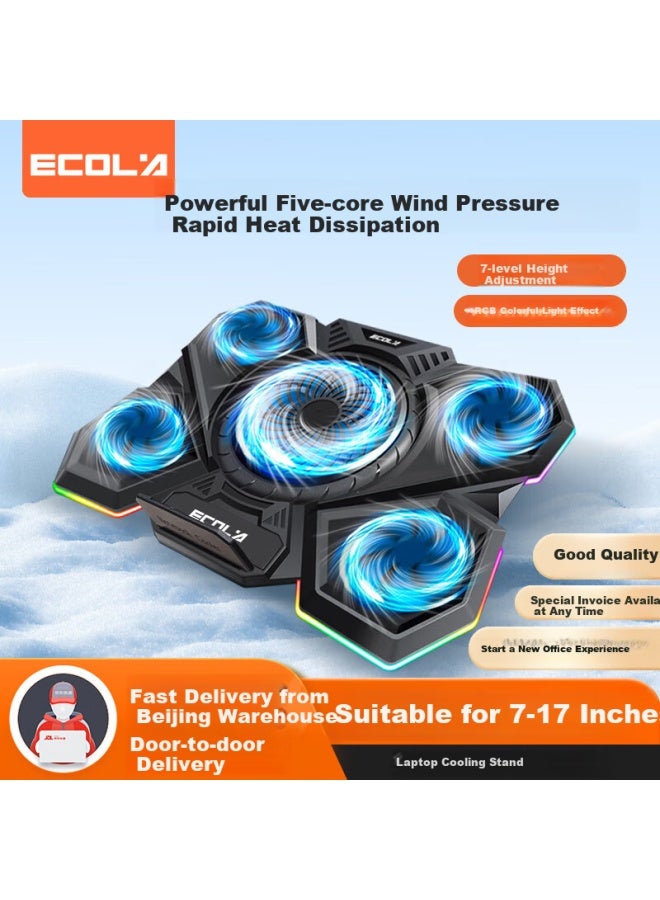 Ecola Gaming Laptop Cooling Stand, Douzhanzhe Zhans7000 Gaming Five-fan Cooler With Ten Rgb Colorful Light Effects + 7 Adjustable Height Levels Nbc-t907 Bk - Image 1