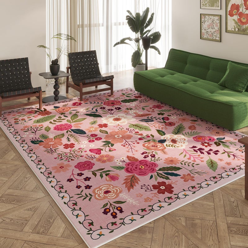 Rugcomf Area Rugs 8x10 Rug for Living Room Clearance Washable Boho Area Rug Non Slip Floral Vintage Low Pile Large Rug for Living Room, Bedroom, Farmhouse, Dining Room, Kids Playroom(Pink) - Image 1