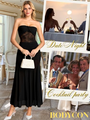 ShawGobow Lace Maxi Dress,Strapless Ruched Mermaid Dresses for Women,Sexy Formal Birthday Party Outfit Black Medium - Image 2