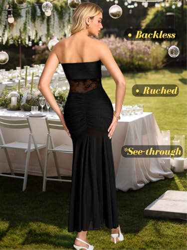 ShawGobow Lace Maxi Dress,Strapless Ruched Mermaid Dresses for Women,Sexy Formal Birthday Party Outfit Black Medium - Image 4
