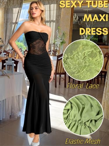 ShawGobow Lace Maxi Dress,Strapless Ruched Mermaid Dresses for Women,Sexy Formal Birthday Party Outfit Black Medium - Image 3