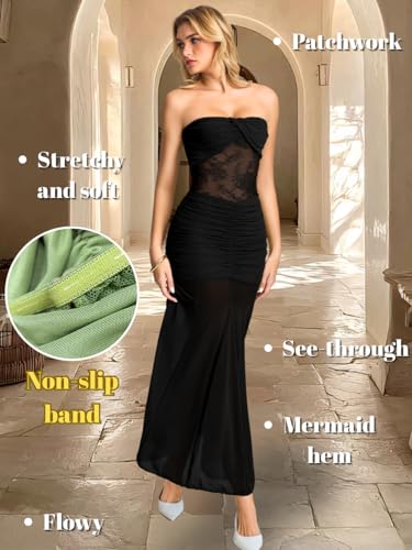 ShawGobow Lace Maxi Dress,Strapless Ruched Mermaid Dresses for Women,Sexy Formal Birthday Party Outfit Black Medium - Image 5
