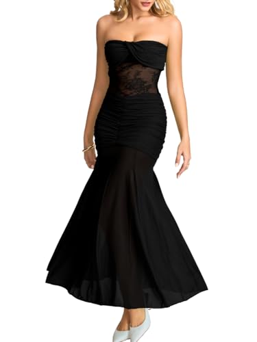 ShawGobow Lace Maxi Dress,Strapless Ruched Mermaid Dresses for Women,Sexy Formal Birthday Party Outfit Black Medium - Image 1