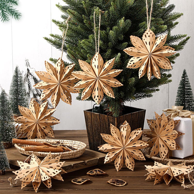 Leinuosen 12 Pcs Mini Christmas Snowflake Ornament 3D Mini Paper Star Ornament Paper Hanging Decorations for Christmas Tree Boho Style Indoor Home Decor Vintage Farmhouse DecorationsBrown - Image 2
