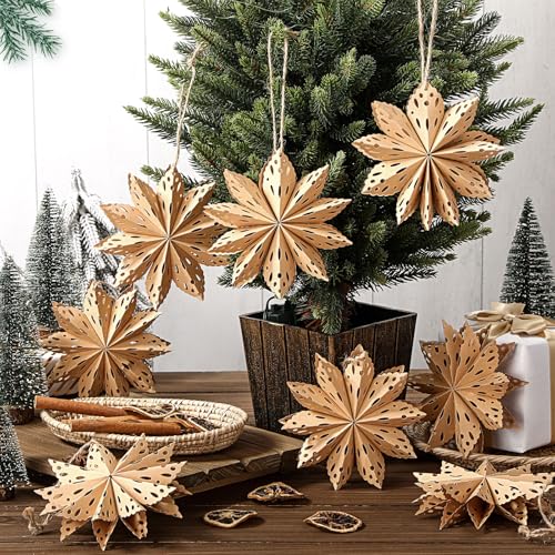 Leinuosen 12 Pcs Mini Christmas Snowflake Ornament 3D Mini Paper Star Ornament Paper Hanging Decorations for Christmas Tree Boho Style Indoor Home Decor Vintage Farmhouse DecorationsBrown - Image 1