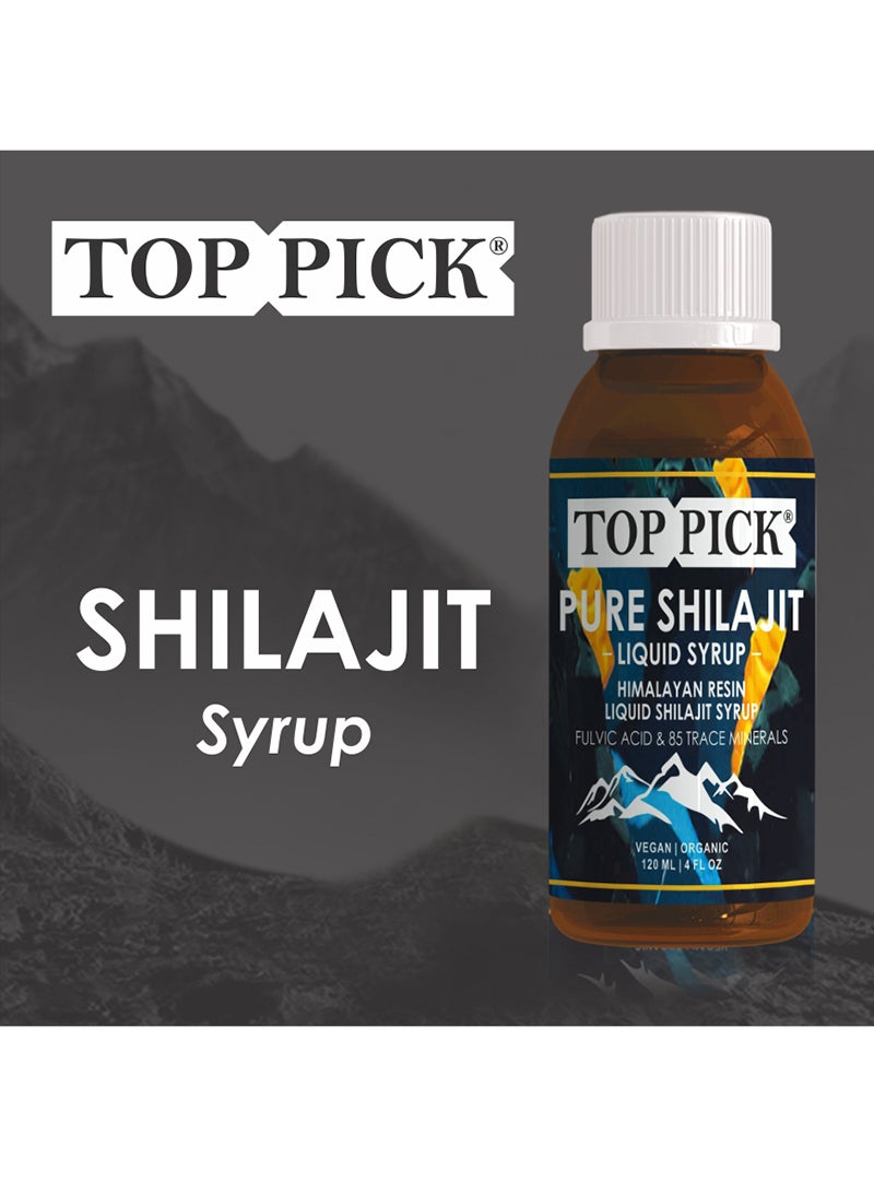 Top Pick 100% Organic Himalayan Shilajit Resin Liquid Syrup, Rich in Fulvic Acid & Trace Minerals, 120ml