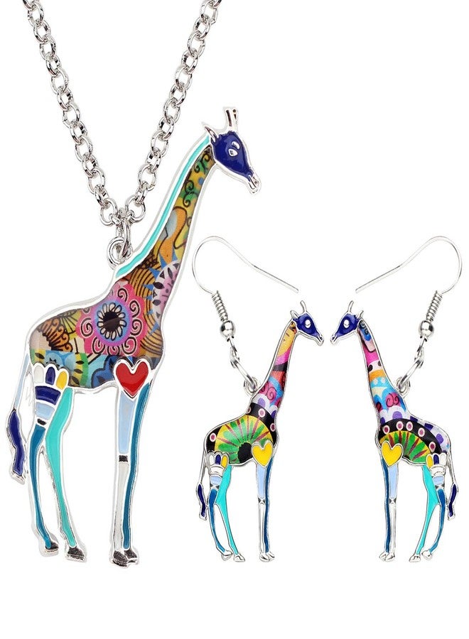 DUOWEI Cute Enamel Giraffe Jewelry Sets Giraffe Earrings and Necklace Set for Women Charms Giraffe Gifts (Blue) - Image 1
