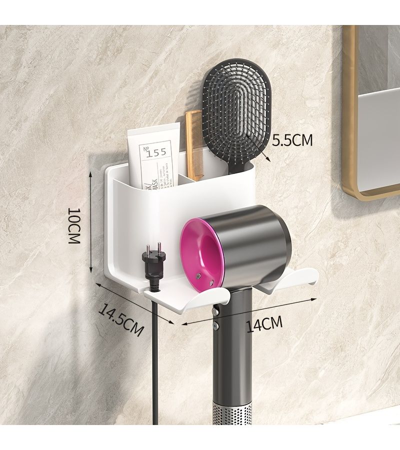Non Perforated White Hair Dryer Storage Rack Wall Mounted Bathroom Organizer Punch Free - Image 3