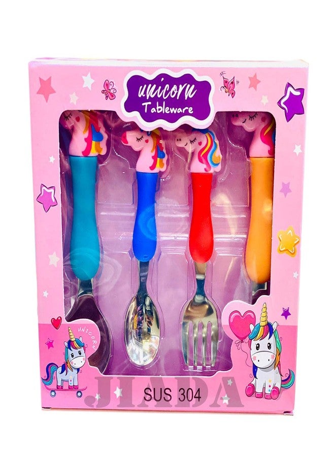 VIRTUAL WORLD Stainless Steel Unicorn Tableware Set Cutlery Unicorn Spoon and Fork Set for Kids Set of 4 Includes 2 Forks 2 Spoons Pink - Image 1