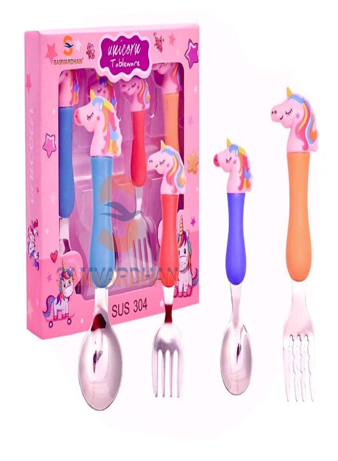 VIRTUAL WORLD Stainless Steel Unicorn Tableware Set Cutlery Unicorn Spoon and Fork Set for Kids Set of 4 Includes 2 Forks 2 Spoons Pink - Image 2