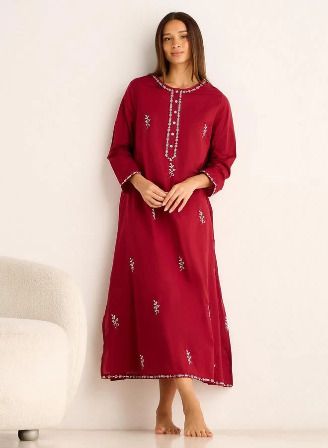 Splash FAV Night Gown Long Sleeves Floral Embroidery Cotton