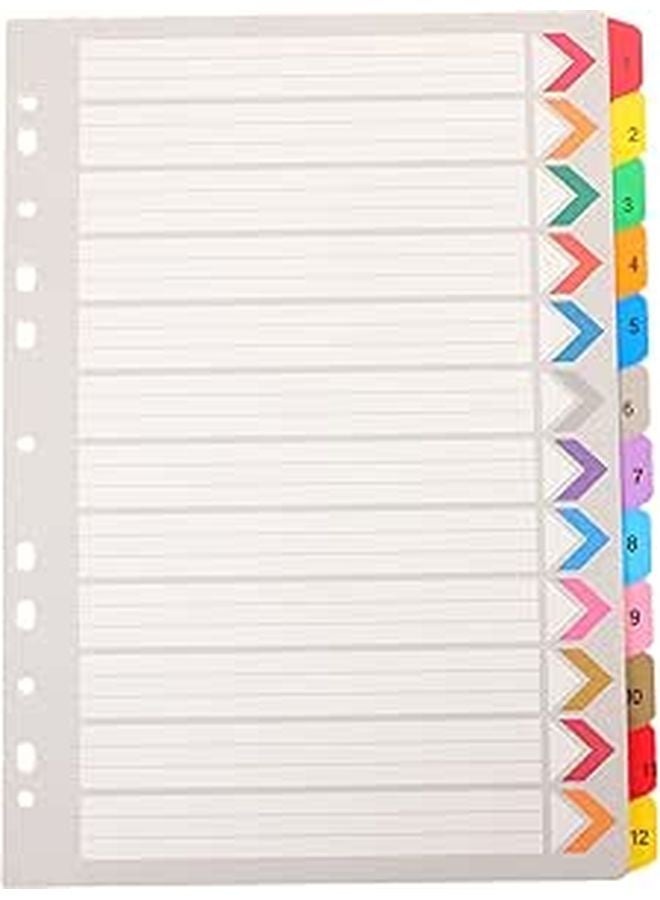 Colorful 12 Tab A4 Plastic Binder Dividers 11 Hole Numbered Index for School Office Organization - Image 1