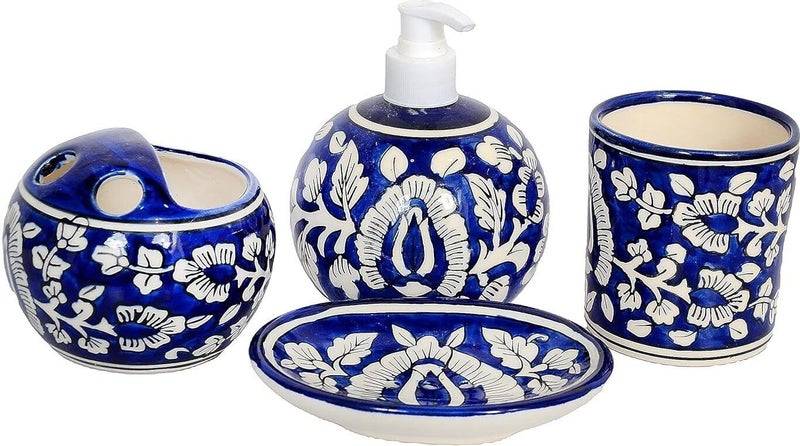 Skywalk Hand Painted Ceramic Bathroom Set of 4 Pcs - Liquid Soap Dispenser, Soap Dish,Tumbler and Brush Holder for Bathroom Décor and Home Gift Set SWKA-1272 - Image 1