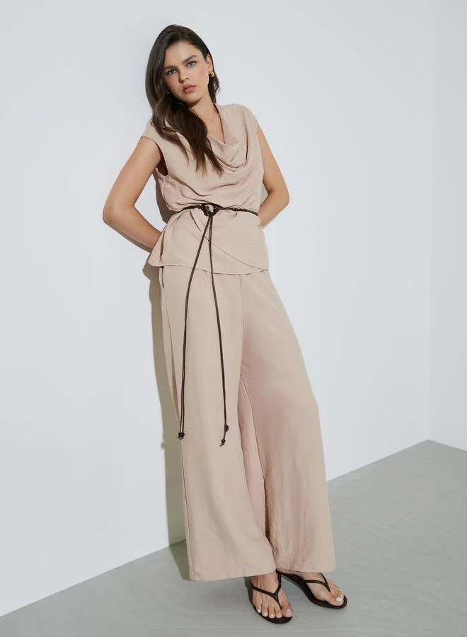 تايك تو Beige Cowl Neck Tie-Cord Belt Blouse And Pants Co-Ord Set