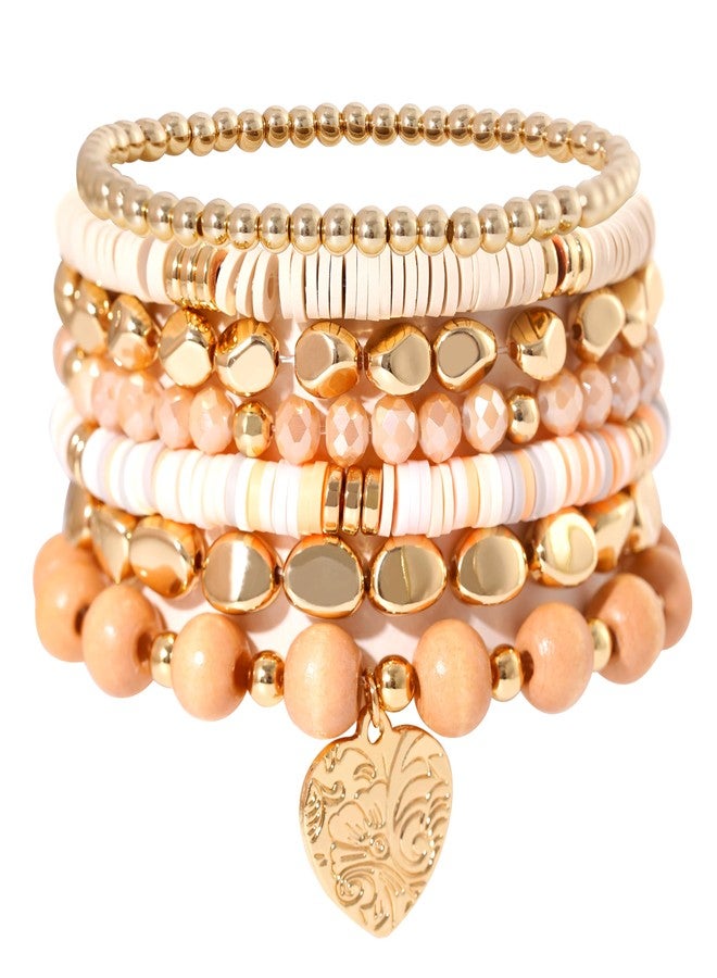 GOOJIDS Surfer Heishi Clay Bead Bracelets for Women Bohemian Stackable Gold Beaded Stretch Bracelets Elastic Layering Friendship Bracelets Set Boho Jewelry, Medium, Polymer clay, no gemstone - Image 1