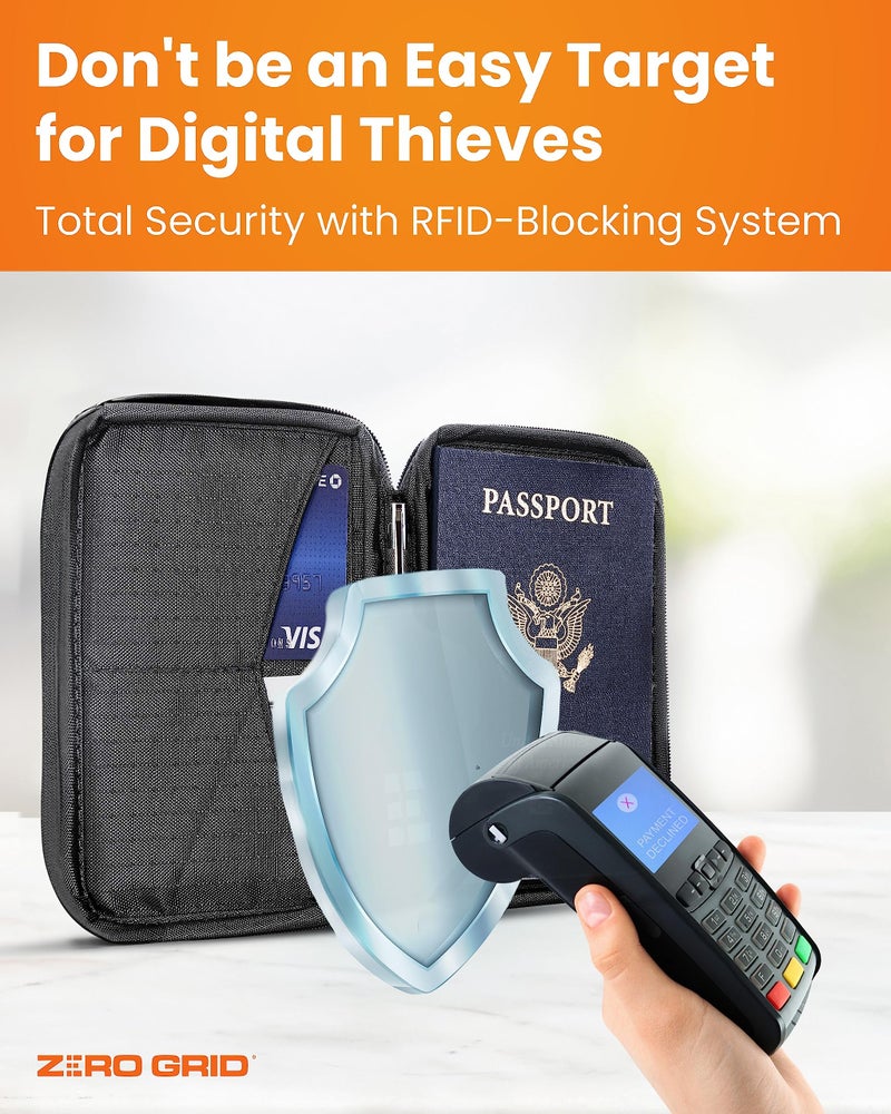 Zero Grid حافظة جواز السفر ومحفظة السفر مع حجب RFID - حقيبة تنظيم مستندات فاخرة للرجال والنساء - تحمل جوازات السفر، البطاقات، التذاكر، الهوية، النقود - محفظة مضغوطة بسحاب - ظل - Image 2