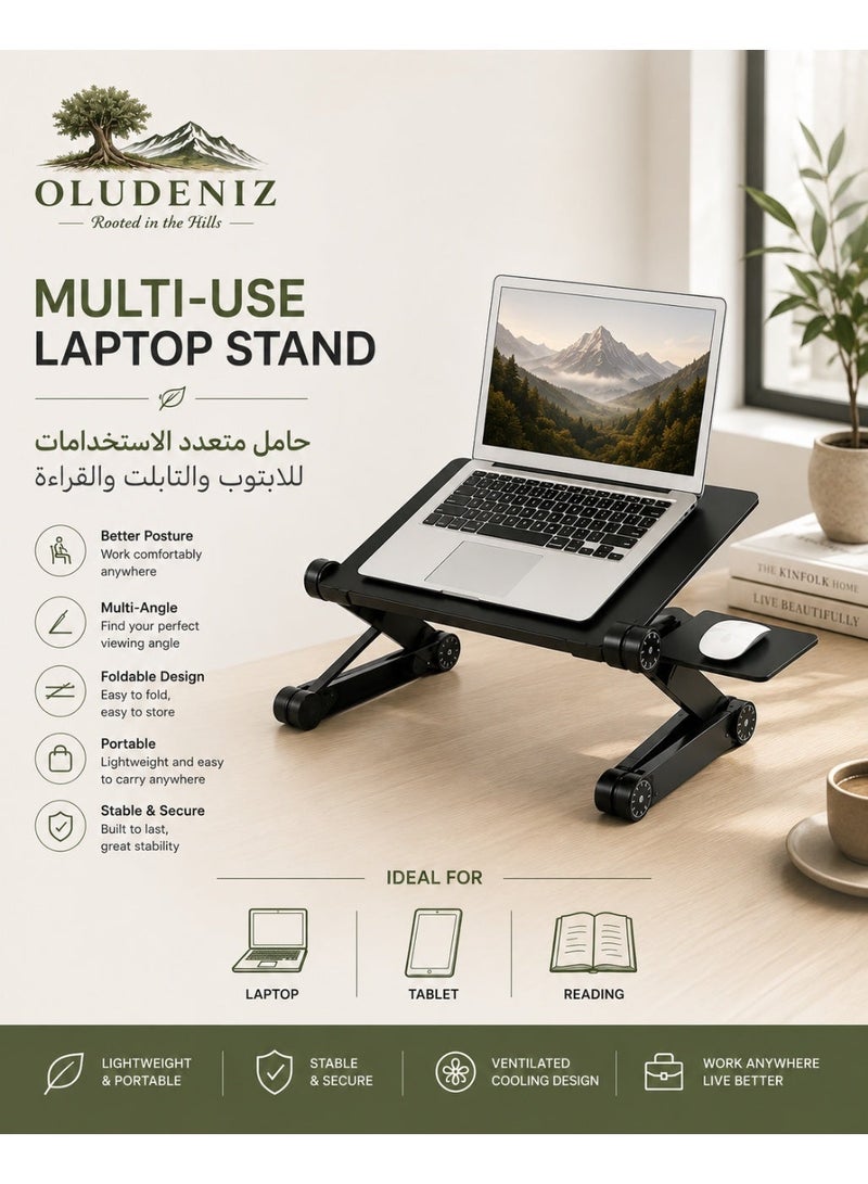 أولودينيز  طاولة لابتوب قابلة للطي من الألومنيوم – تصميم مريح قابل للتعديل مع مروحة تبريد وحامل للماوس – مناسبة حتى 17 بوصة – قدرة تحمل 15 كجم - Image 3