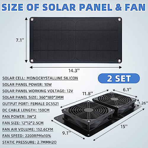 Tujoe 2 Sets Solar Powered Fan Kit Solar Panel Fan Kit 10w Weatherproof Dual Solar Fans Outside Waterproof Solar Exhaust Fan for Chicken Coops Greenhouse Sheds Pet House Car Window Ventilation - Image 3