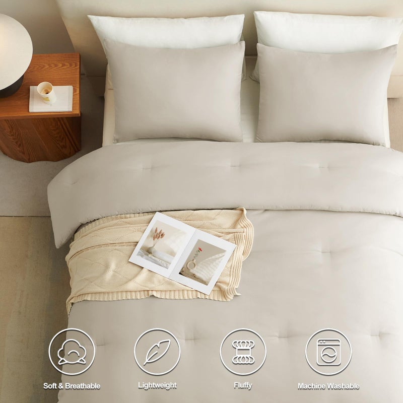 CozyLux Full Size Comforter Set Oatmeal, 3 Pieces Solid Breathable Quilted Bedding Sets, Luxury Lightweight Soft Bed Set with Down Alternative Comforter and 2 Pillowcases for All Seasons - Image 3