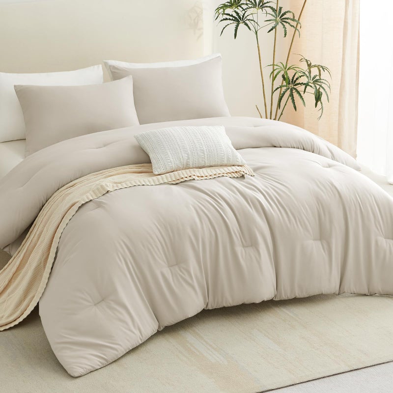 CozyLux Full Size Comforter Set Oatmeal, 3 Pieces Solid Breathable Quilted Bedding Sets, Luxury Lightweight Soft Bed Set with Down Alternative Comforter and 2 Pillowcases for All Seasons - Image 5