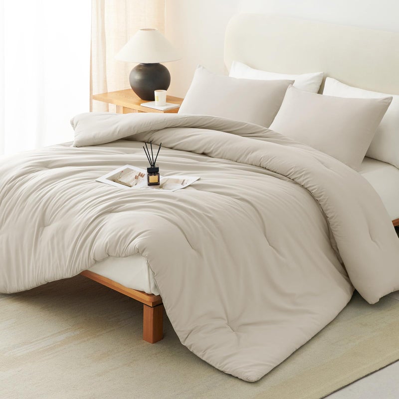 CozyLux Full Size Comforter Set Oatmeal, 3 Pieces Solid Breathable Quilted Bedding Sets, Luxury Lightweight Soft Bed Set with Down Alternative Comforter and 2 Pillowcases for All Seasons - Image 1