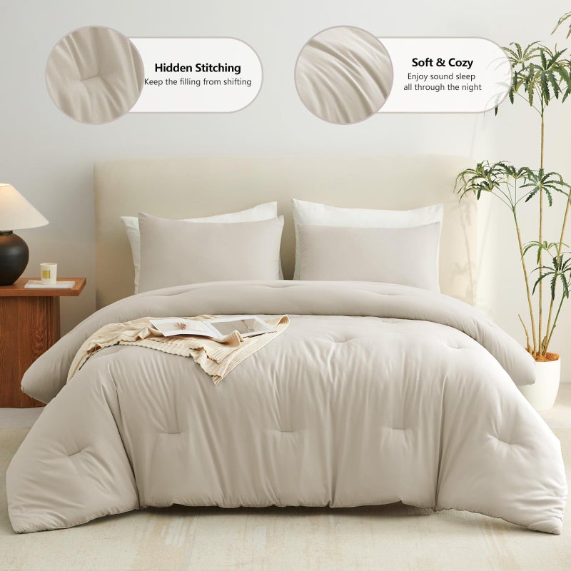 CozyLux Full Size Comforter Set Oatmeal, 3 Pieces Solid Breathable Quilted Bedding Sets, Luxury Lightweight Soft Bed Set with Down Alternative Comforter and 2 Pillowcases for All Seasons - Image 2