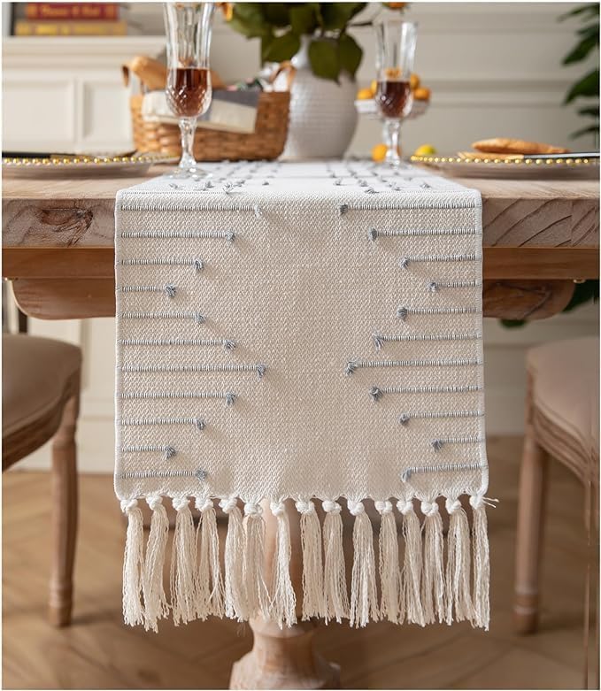 GLOY ® Luxurious 100% Natural Pure Cotton Material Handmade Heat Resistant and Washable 6 Seater Table Runner (Size-14"x72") for Dining Table Runner| Sofa Table| Kitchen Linen (Grey and White) - Image 1