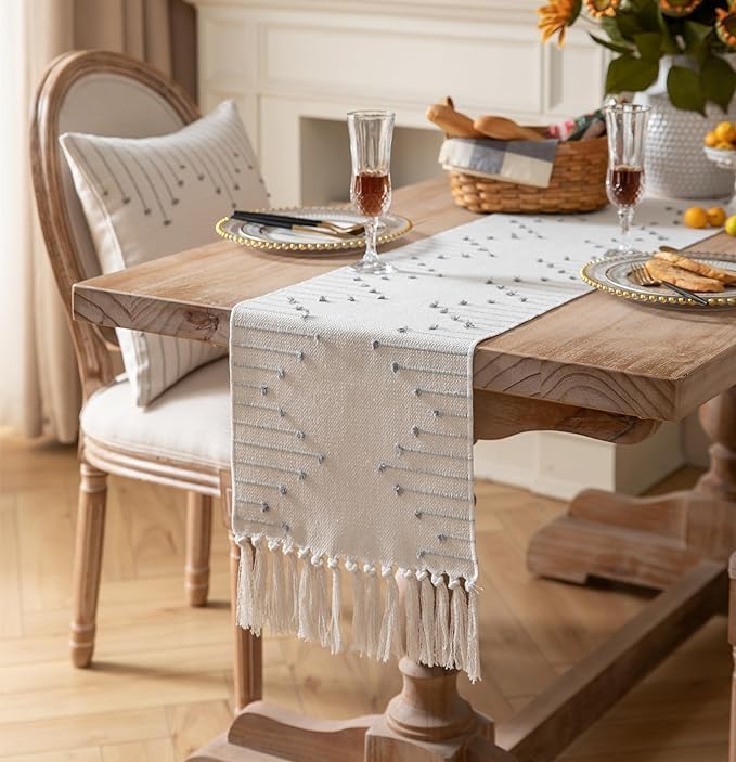 GLOY ® Luxurious 100% Natural Pure Cotton Material Handmade Heat Resistant and Washable 6 Seater Table Runner (Size-14"x72") for Dining Table Runner| Sofa Table| Kitchen Linen (Grey and White) - Image 2