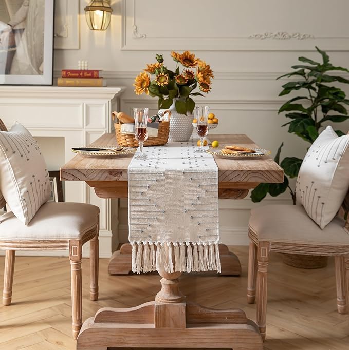 GLOY ® Luxurious 100% Natural Pure Cotton Material Handmade Heat Resistant and Washable 6 Seater Table Runner (Size-14"x72") for Dining Table Runner| Sofa Table| Kitchen Linen (Grey and White) - Image 4