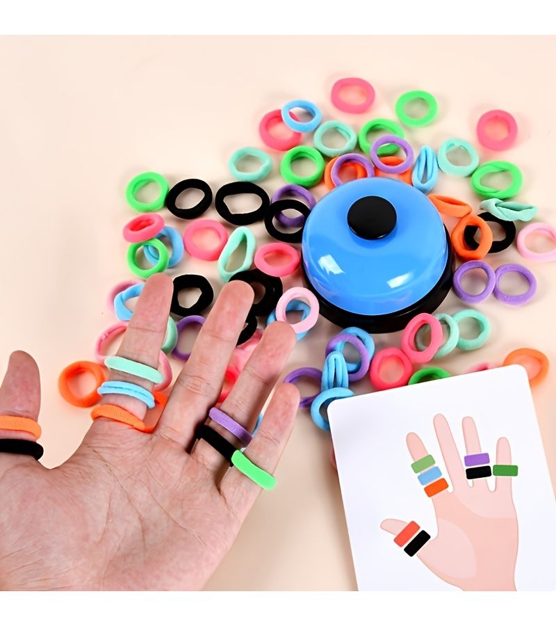 Colorful Interactive Game Set Ring Toss 2 Player Family Game Training Reaction Skills Fine Motor Skills Includes 80 Finger Elastic Bands 30 Challenge Cards 1 Blue Bell Perfect Gift For Halloween Christmas Thanksgiving - Image 1