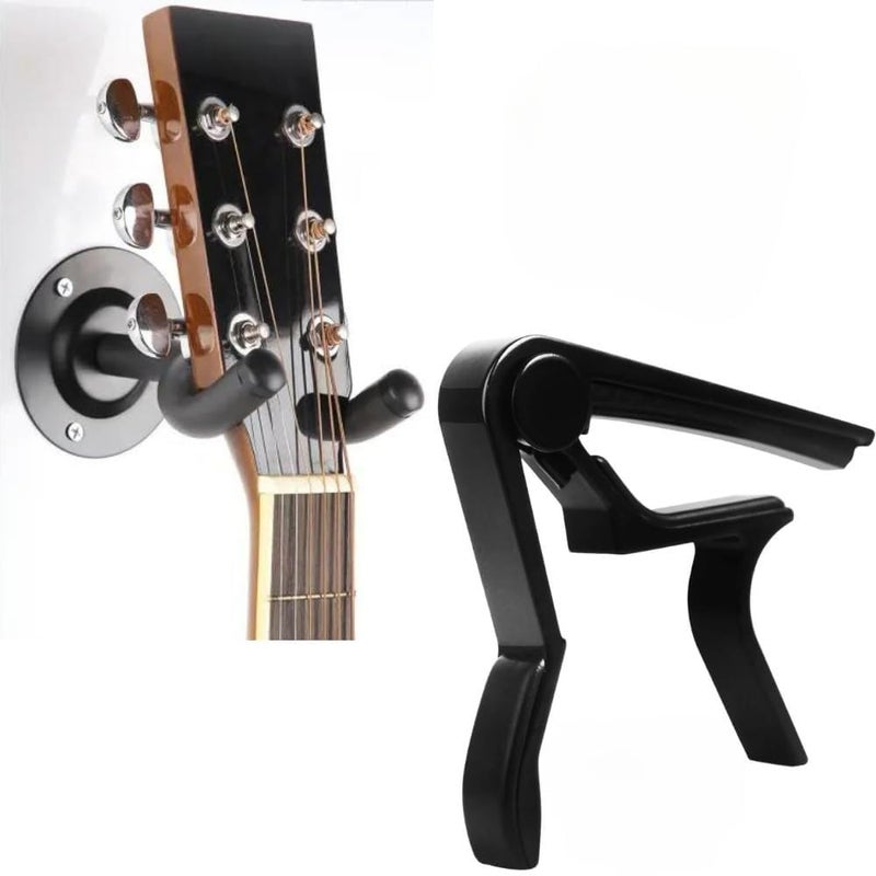 TechBlaze Acoustic Guitar Wall Mount Metal Body Display Bracket Guitar Hanger Hook Holder Stand and Quick Change One Handed Trigger Metal Alloy Guitar Capo for String with 5 Picks - Image 1