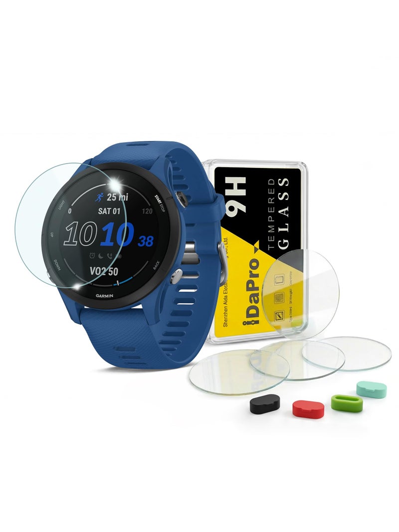 iDaPro [4 Pack] Screen Protector for Garmin Forerunner 255/255 Music 46mm Smartwatch + Silicone Anti-dust Plugs Tempered Glass Anti-Scratch Bubble-Free - Image 1