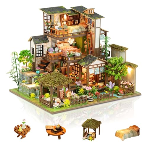 Foyucool Miniature House Kit Tiny House Kit with Light DIY Mini House Building Kits for Adults to Building Unique Gift for Birthday Mothers Day Bamboo Spring Courtyard - Image 1