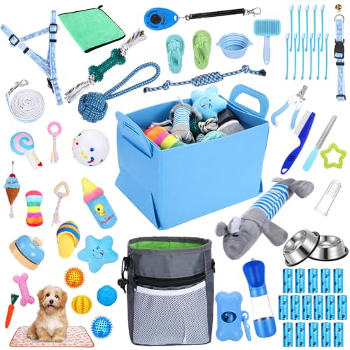 PullCrease 65 Pcs Puppy Supplies Starter Kit Small Dog Essentials Includes Dog Leash Toys Bowl Brushes Water Bottles pet Blankets Puppy Accessories for New Welcome Gift SuppliesCoolBlue - Image 1