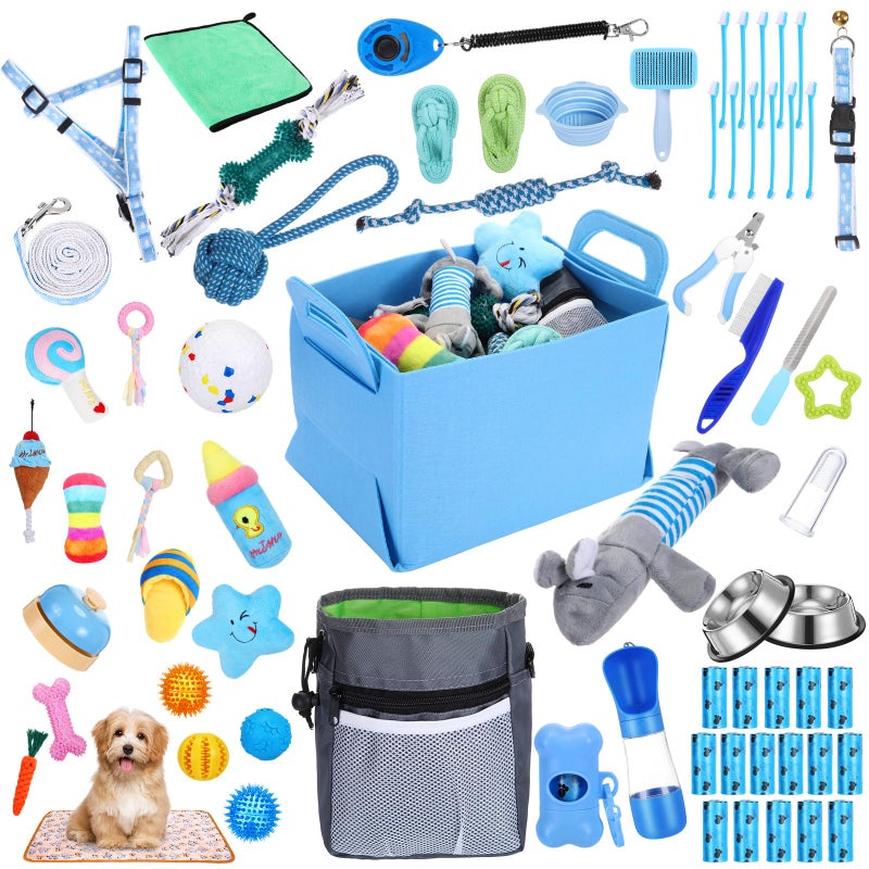 PullCrease 65 Pcs Puppy Supplies Starter Kit Small Dog Essentials Includes Dog Leash Toys Bowl Brushes Water Bottles pet Blankets Puppy Accessories for New Welcome Gift SuppliesCoolBlue - Image 2