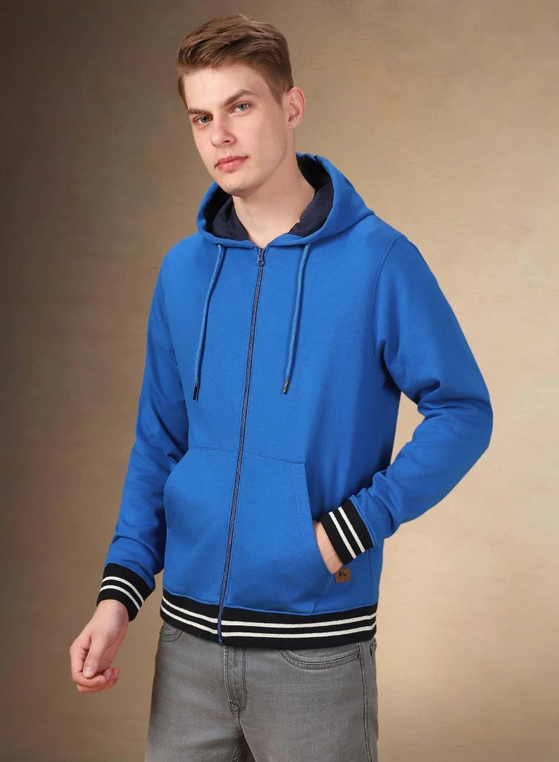 Men's Mid Blue Polyester Blend Solid Regular Fit Sweatshirt