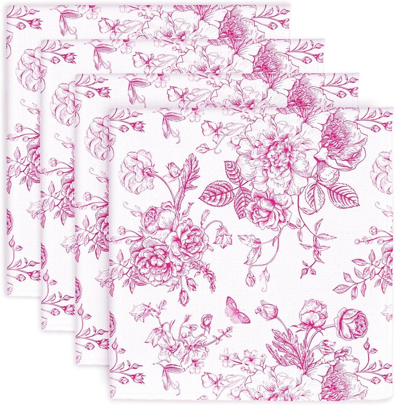 JarThenaAMCS Pink Flower Dinner Napkin Pink and White Floral Cloth Napkins Reusable Kitchen Table Top Collection for Party Dining Table Decor Set of 4 18 x 18 Inch - Image 1