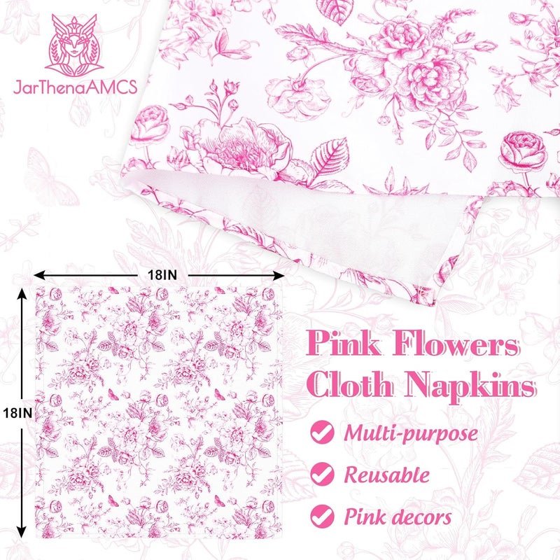 JarThenaAMCS Pink Flower Dinner Napkin Pink and White Floral Cloth Napkins Reusable Kitchen Table Top Collection for Party Dining Table Decor Set of 4 18 x 18 Inch - Image 2
