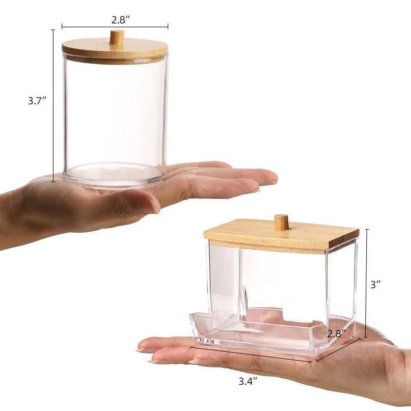 Tbestmax Qtips Holder Bathroom Container, 10/7 OZ Cotton Ball/Swabs Dispenser, Apothecary Jar Organizer for Storage Wood Lids - Image 2