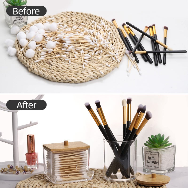 Tbestmax Qtips Holder Bathroom Container, 10/7 OZ Cotton Ball/Swabs Dispenser, Apothecary Jar Organizer for Storage Wood Lids - Image 4