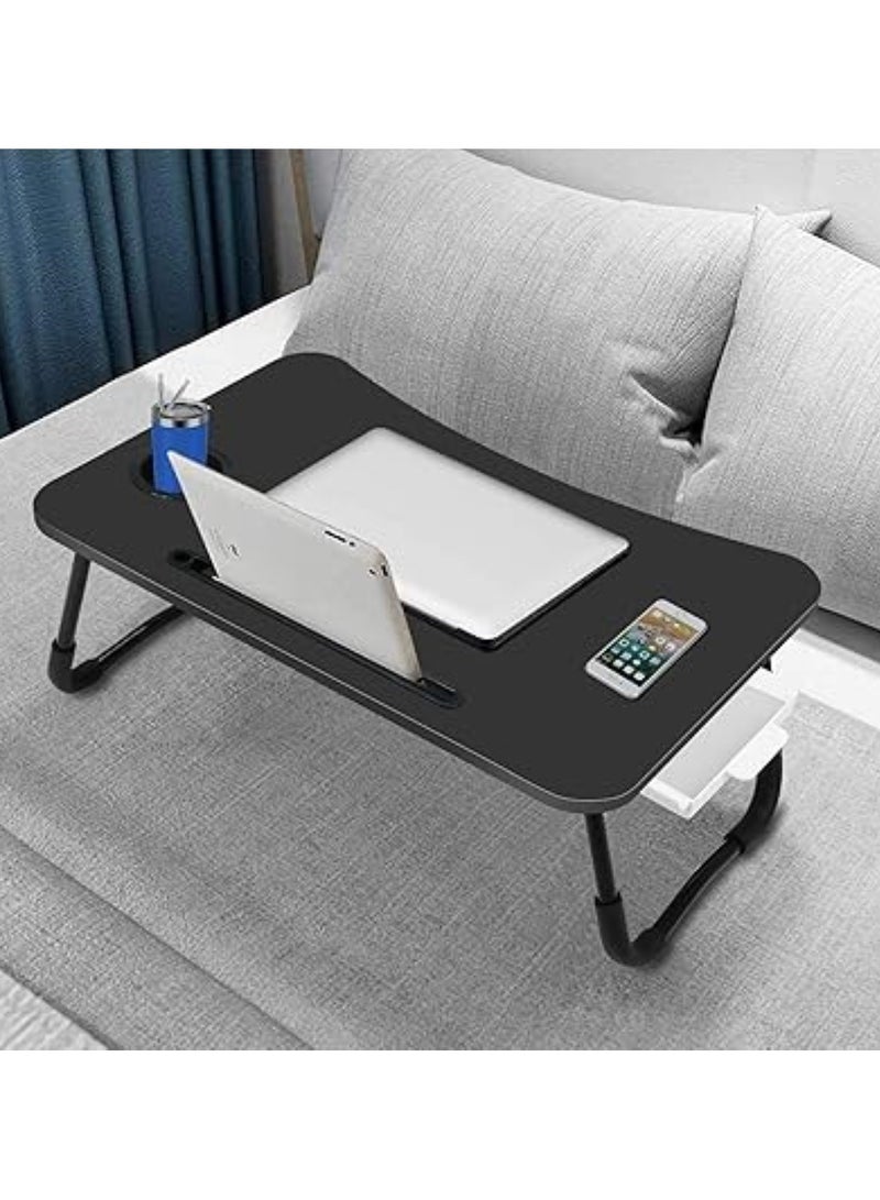 Black Wood Laptop Desk with Drawer, Cup Holder, and Tablet Stand - Image 3