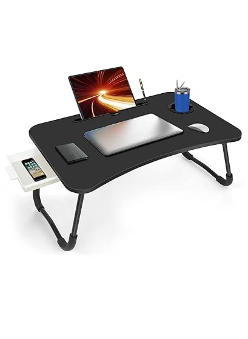Black Wood Laptop Desk with Drawer, Cup Holder, and Tablet Stand - Image 4