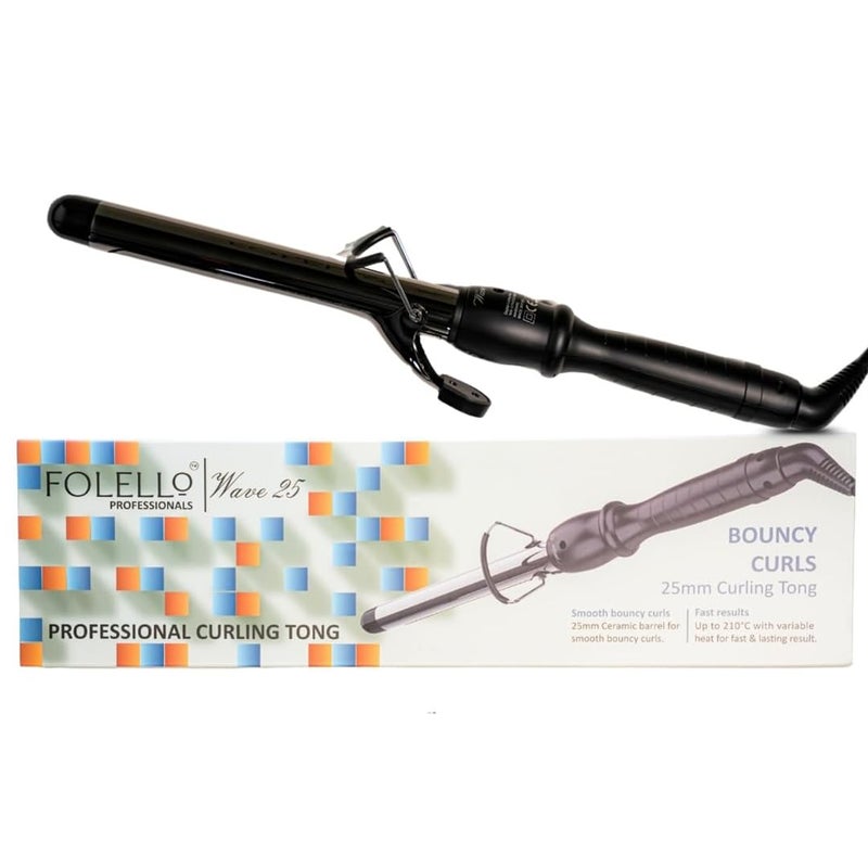 FOLELLO - Wave 25 - Curling Tong for Professionals, Salons and Home Use - Ergonomic Design & Comfortable Grip - Hair Curling, Styling - 25MM Barrel, Black - Image 1