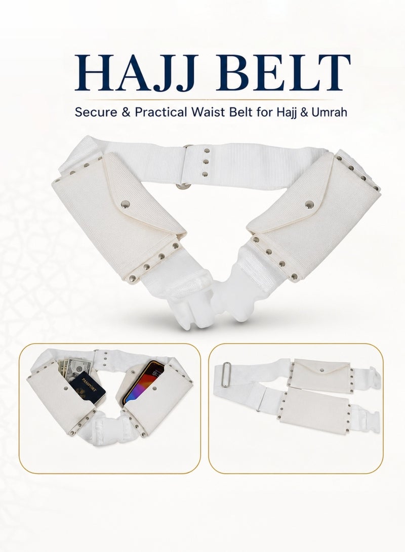 Al othaiman Men’s Hajj and Umrah Waist Belt with Double Secure Pockets, Adjustable White Ihram Belt with Buckle, Lightweight Travel Money Pouch for Passport, Phone, Cash, Cards and Small Essentials - Image 1