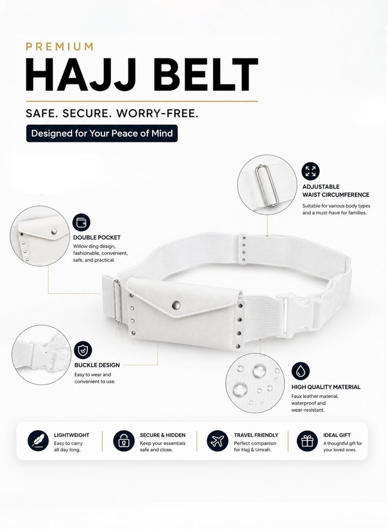 Al othaiman Men’s Hajj and Umrah Waist Belt with Double Secure Pockets, Adjustable White Ihram Belt with Buckle, Lightweight Travel Money Pouch for Passport, Phone, Cash, Cards and Small Essentials - Image 2