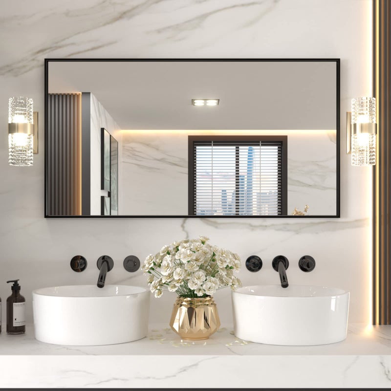 LOAAO 55X30 Black Rectangle Bathroom Mirror Wall Matte Black Aluminum Alloy Frame Tempered Glass Hangs Vertically or Horizontally Easy to Install