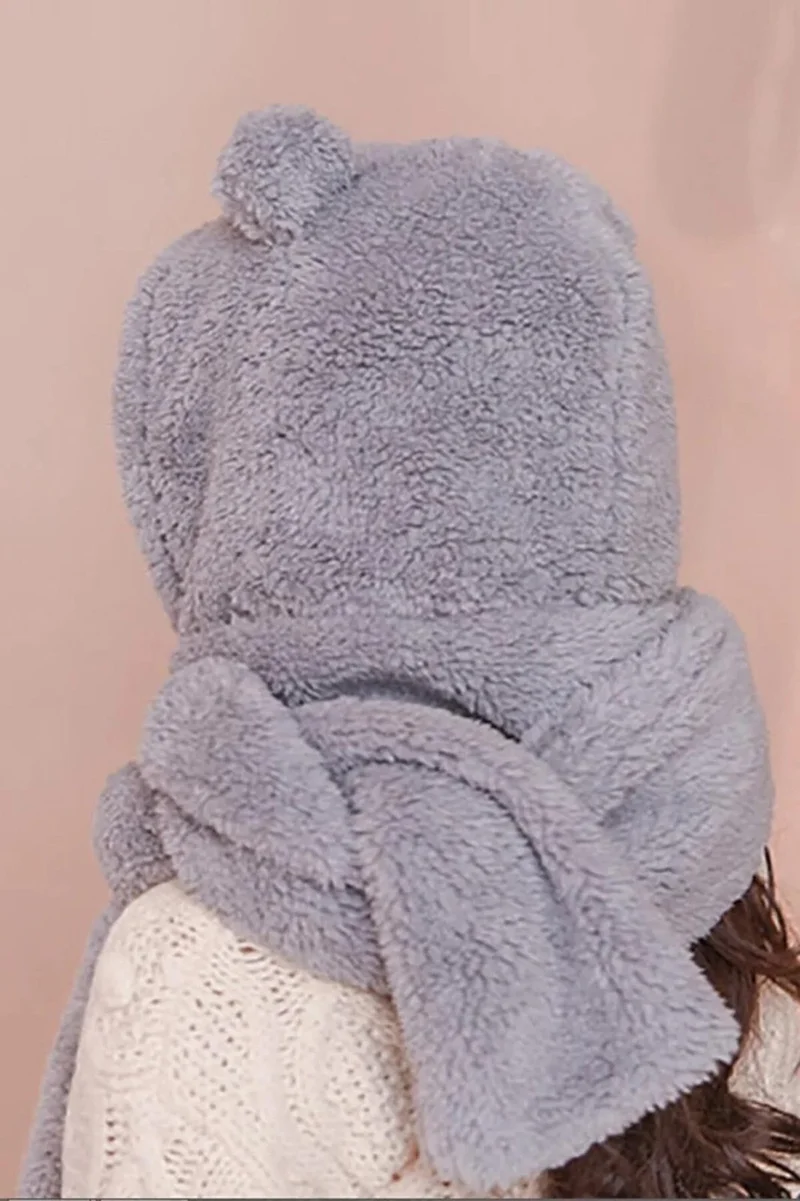 Bahels Hooded Gray Plush Beanie Scarf Women Welsoft Polar Fleece Scarf Neckerchief Windproof Eared Hat