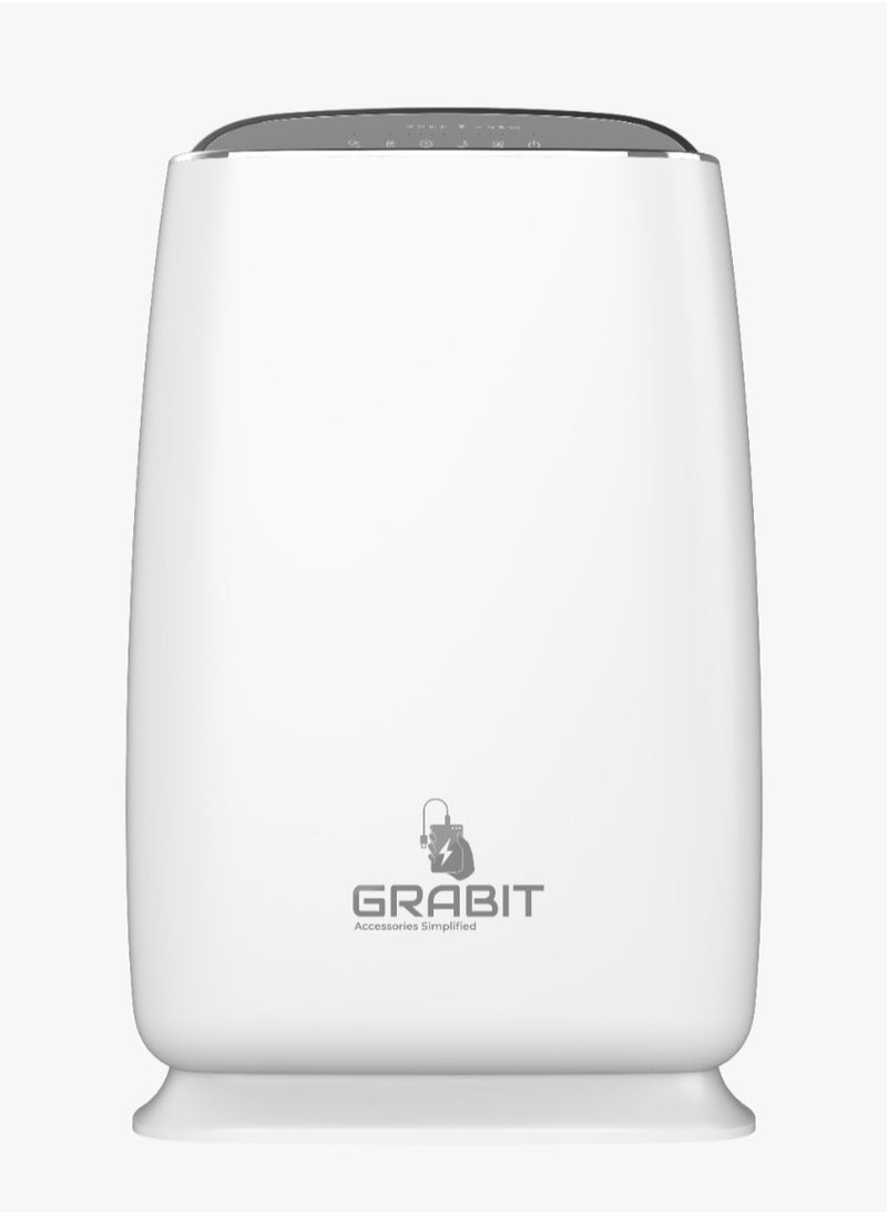 GRABIT - GRABIT Smart Air Purifier Smart & Compact Filtration Enjoy cleaner air with 4-stage filtration, a CADR of 220m³/h, and 26m² coverage. Features 4 fan speeds, sleep mode, air quality indicator, and a soft night light for added comfort. The timer (2, 4, 8 hours), child lock, and filter replacement indicator ensure convenience and safety. Whisper-quiet (56dB) with Tuya Wi-Fi for remote control. Compact and perfect for small spaces! - Image 1